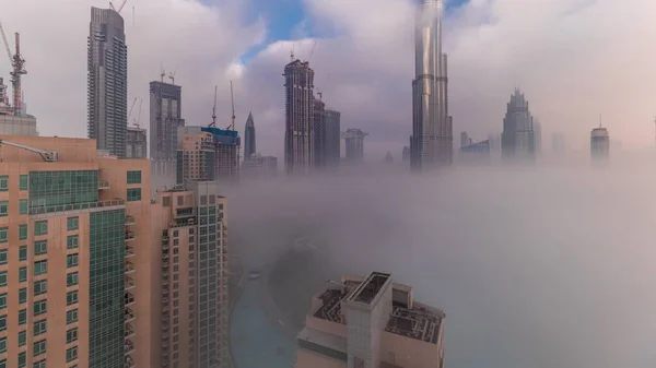 Aerial View Dubai City Early Morning Fog Sunrise Futuristic City — Foto de Stock