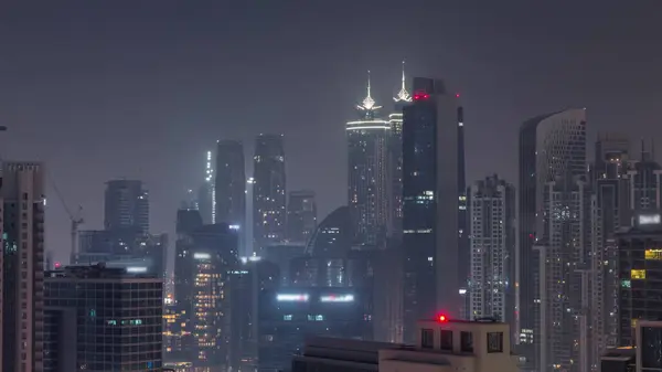 Rascacielos Dubai Con Iluminación Distrito Bahía Negocios Durante Toda Noche —  Fotos de Stock