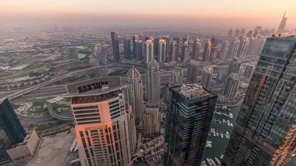 Panorama Dubai Marina Avec Gratte Ciel Jlt Parcours Golf Coucher — Photo
