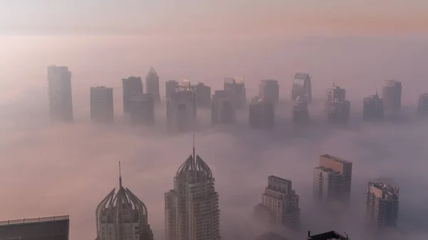 Fog Covered Jlt Skyscrapers Marina Towers Sheikh Zayed Road Aerial —  Fotos de Stock