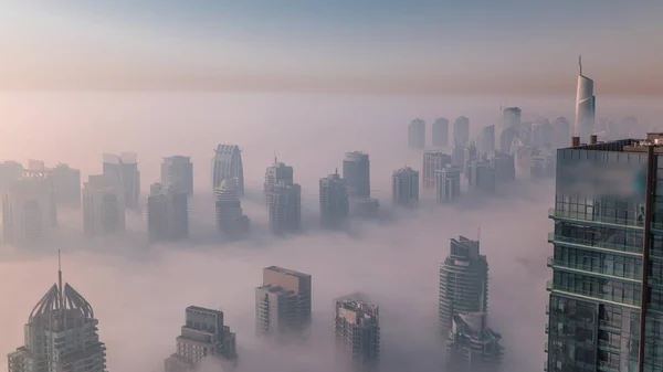 Fog Covered Jlt Skyscrapers Marina Towers Sheikh Zayed Road Aerial — Foto Stock
