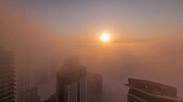 Sunrise Rare Early Morning Winter Fog Dubai Marina Skyline Skyscrapers — Foto de Stock