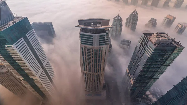 Towers Covered Rare Early Morning Winter Fog Dubai Marina Skyline — Fotografia de Stock