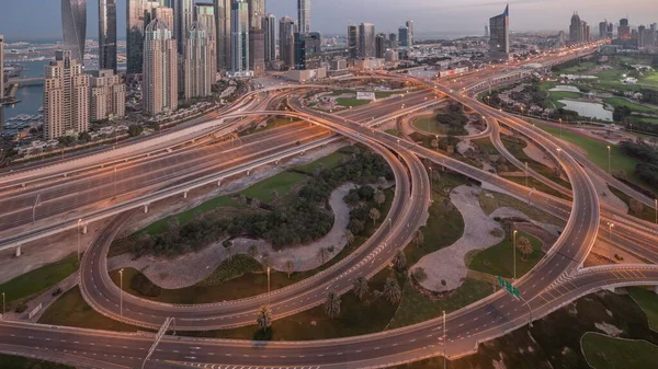 Panorama Dubai Marina Highway Intersection Spaghetti Junction Night Illuminated Tallest —  Fotos de Stock