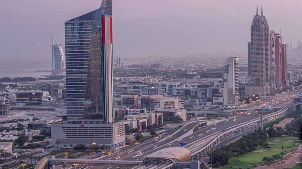 Aerial View Sheikh Zayed Road Dubai Internet City Area Illuminated — Zdjęcie stockowe