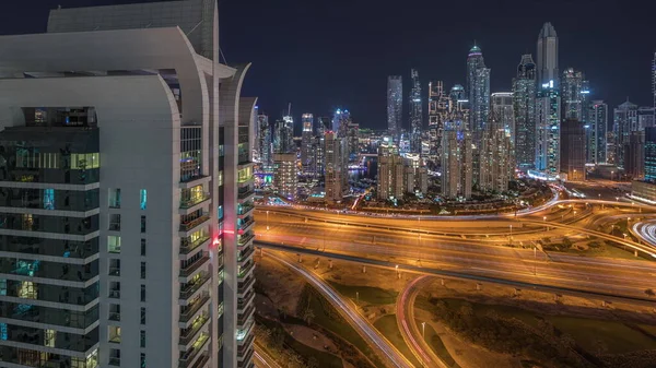 Panorama Dubai Marina Showing Highway Intersection Spaghetti Junction Night Illuminated — Stok fotoğraf