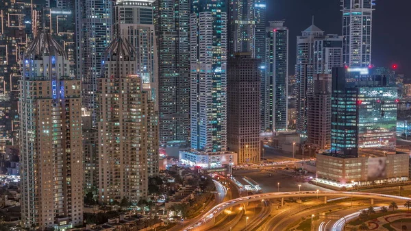 Aerial View Big Highway Intersection Night Dubai Marina Skyscrapers Uae — Stockfoto