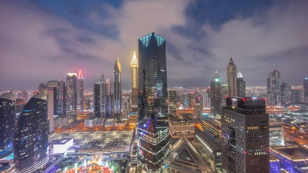 Panorama Futuristic Skyscrapers Sunset Financial District Business Center Dubai Sheikh — Fotografia de Stock