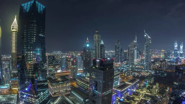 Blick Auf Futuristische Wolkenkratzer Geschäftszentrum Des Finanzdistrikts Dubai Der Nacht — Stockfoto