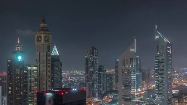 Skyscrapers Sheikh Zayed Road Difc Night Dubai Oae Вежі Фінансовому — стокове фото