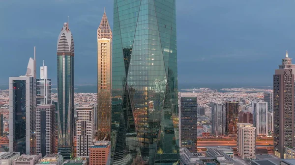 Financial Center Dubai City Illuminated Luxury Skyscrapers Night Day Transition —  Fotos de Stock