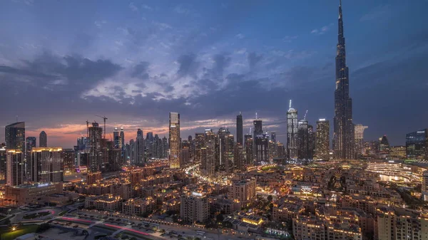 Dubai Downtown Panorama Day Night Transition Tallest Skyscraper Other Towers — Zdjęcie stockowe