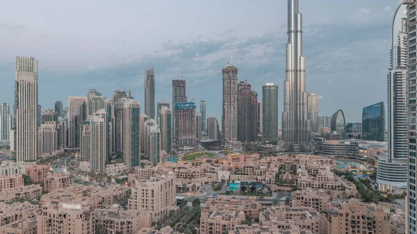 Dubai Downtown Night Day Transition Tallest Skyscraper Other Illuminated Towers — Stockfoto