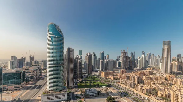 Panorama Showing Dubai Business Bay Downtown Towers Aerial Morning Rooftop — Stock Photo, Image