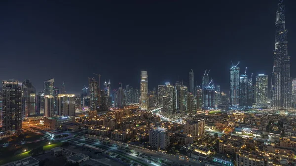 Πανόραμα Δείχνει Dubai Downtown Και Επιχειρηματική Νύχτα Κόλπο Ψηλότερο Ουρανοξύστη — Φωτογραφία Αρχείου