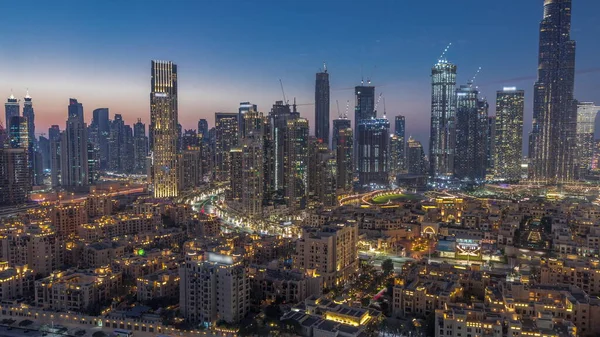 Close View Dubai Business Bay Towers Aerial Day Night Transition — Stok fotoğraf