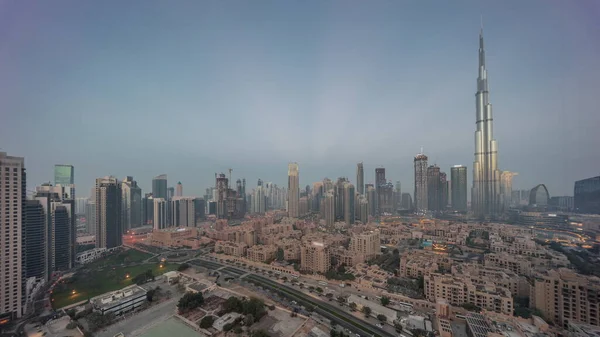 Dubai Downtown Night Day Transition Tallest Skyscraper Other Towers Long — Stock Photo, Image
