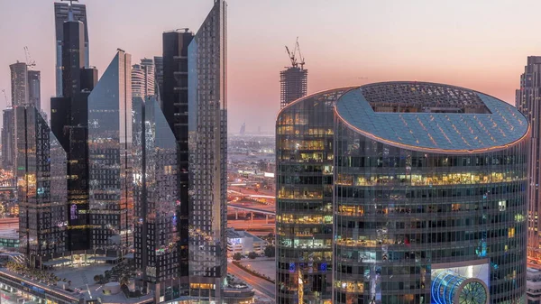 Международный Финансовый Центр Дубая Небоскребы Воздушный День Ночь Перехода Светящиеся — стоковое фото