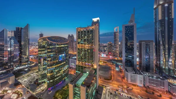 Dubai International Financial Center Skyscrapers Aerial Day Night Transition Illuminated — Stock Fotó