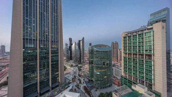 Dubai International Financial Center Skyscrapers Aerial Night Day Transition Panoramic — Fotografia de Stock