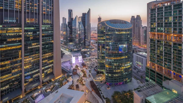 Dubai International Financial Center Skyscrapers Aerial Day Night Transition Illuminated — Fotografia de Stock