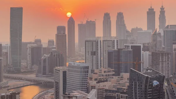 Skyline Modern Architecture Dubai Business Bay Towers Sunset Aerial View — Stock Fotó