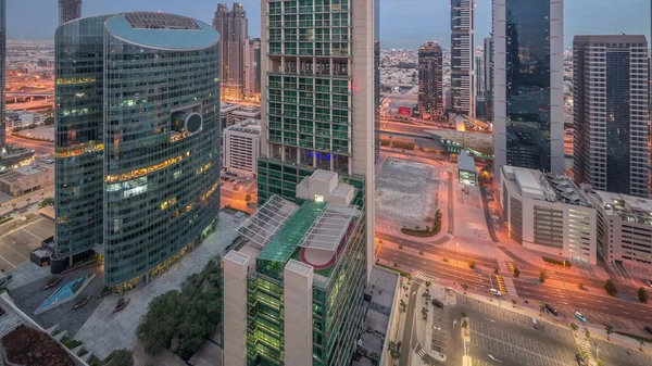 Dubai International Financial Center Skyscrapers Aerial Night Day Transition Illuminated — Stock Photo, Image