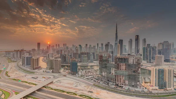 Skyline Modern Architecture Dubai Business Bay Towers Downtown Sunset Aerial — Fotografia de Stock