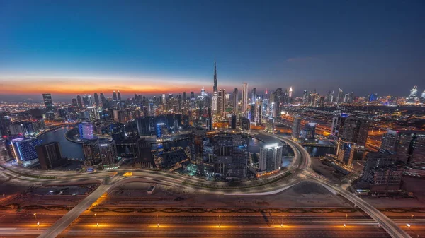 Panoramic Skyline Dubai Business Bay Downtown District Day Night Aerial — Fotografia de Stock