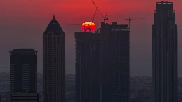 Skyline Modern Architecture Dubai Business Bay Towers Sunset Big Red — Photo