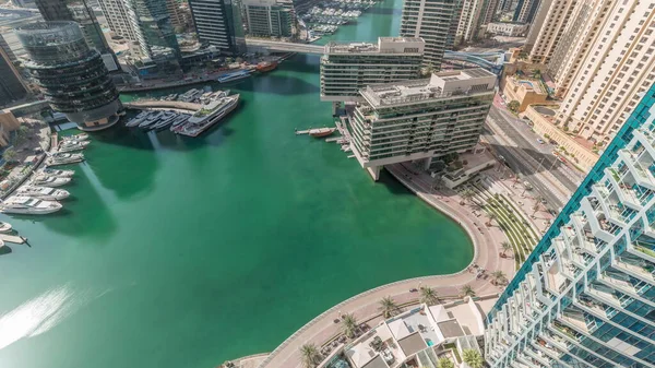 Aerial Look View Dubai Marina Skyscrapers Canal Floating Boats Shadows — Stock Photo, Image