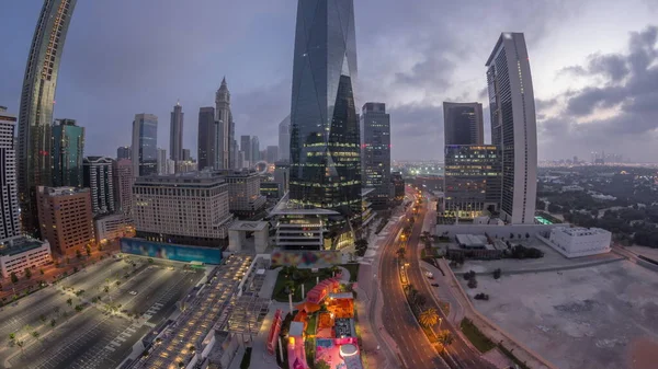 Panorama Dubai International Financial District Night Day Transition Aerial View — Foto Stock
