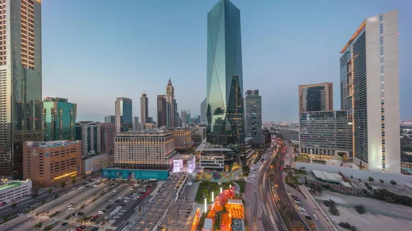 Distrito Financiero Internacional Dubái Transición Día Noche Vista Aérea Panorámica —  Fotos de Stock