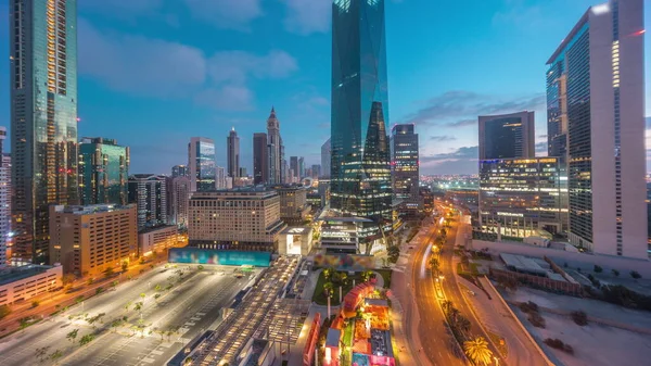 Dubai International Financial District Night Day Transition Panoramic Aerial View — Stockfoto
