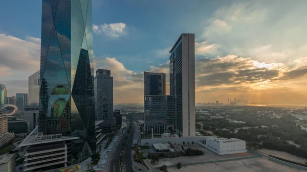 Sunrise Dubai International Financial District Transition Panoramic Aerial View Business — Fotografia de Stock