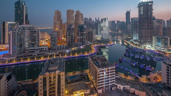 Dubai Marina Boats Yachts Parked Harbor Illuminated Skyscrapers Canal Aerial — Stockfoto