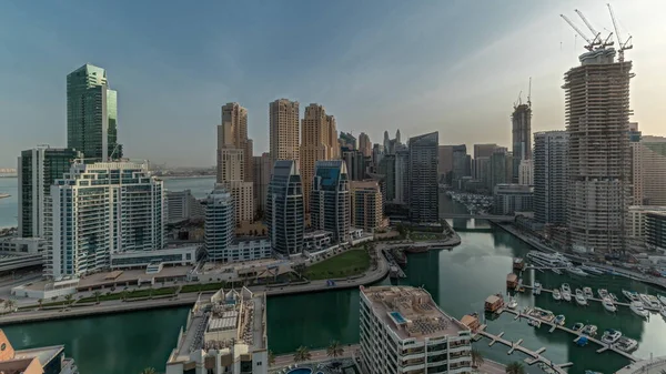 Panorama Showing Dubai Marina Boats Yachts Parked Harbor Skyscrapers Canal —  Fotos de Stock