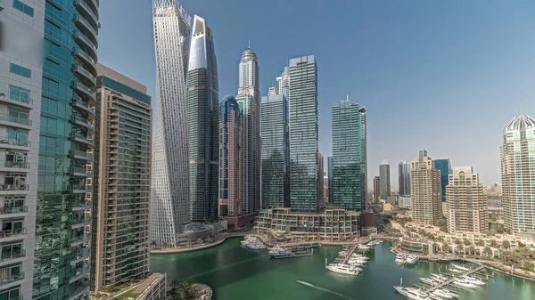Panorama Showing Dubai Marina Tallest Skyscrapers Yachts Harbor Aerial View — Stockfoto