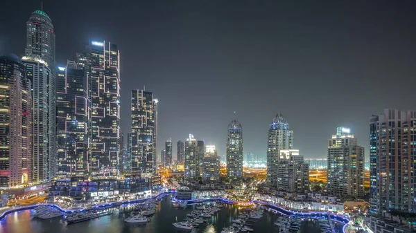 Luxury Yacht Bay City Aerial Night Dubai Marina Panoramic View — Stock Photo, Image