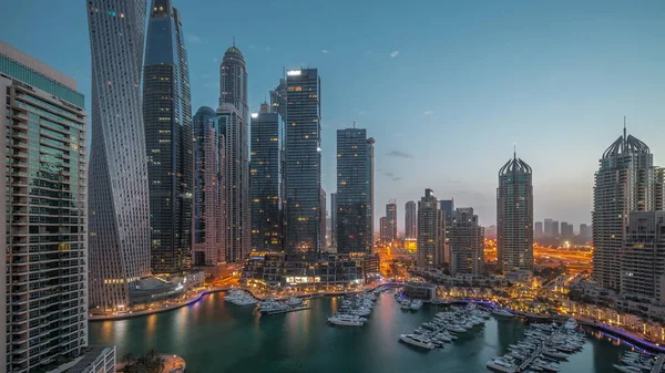 Dubai Marina Tallest Skyscrapers Yachts Harbor Aerial Night Day Transition — Stock Fotó