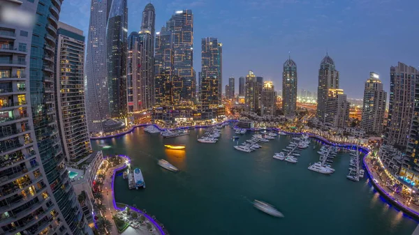Dubai Marina Rascacielos Más Altos Panorama Yates Noche Aérea Del — Foto de Stock