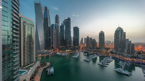 Dubai Marina Tallest Skyscrapers Yachts Harbor Aerial Night Day Transition — Zdjęcie stockowe