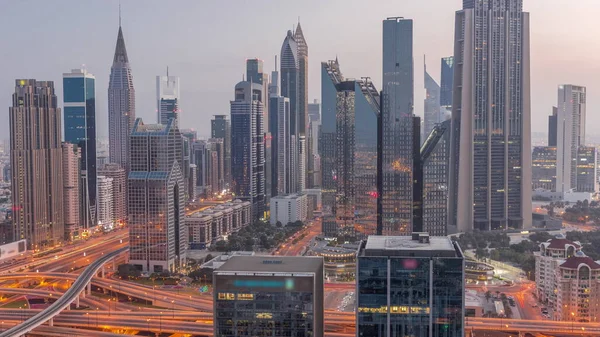 Panorama Dubai Financial Center District Tall Skyscrapers Illumination Night Day — Zdjęcie stockowe