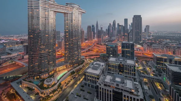 Futuristic Dubai Downtown Finansial District Skyline Aerial Night Day Transition — Photo