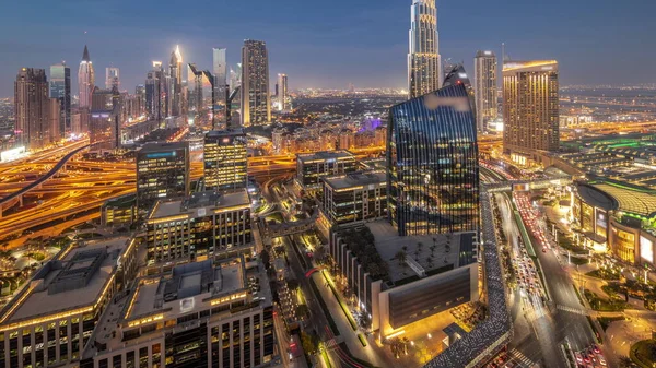 Futuristic Dubai Downtown Finansial District Skyline Panorama Aerial Day Night — Stockfoto