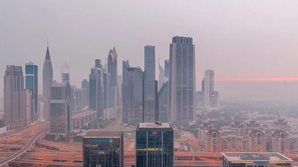 Panorama Dubai Financial Center District Tall Skyscrapers Illumination Night Day — Stok fotoğraf
