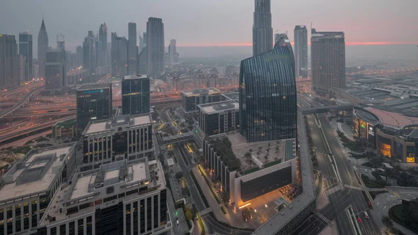 Futuristic Dubai Downtown Finansial District Skyline Aerial Night Day Transition — Stock Photo, Image