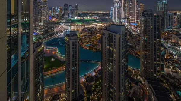 Aerial View Big Futuristic City Lake Fountains Night Business Bay — Stock fotografie