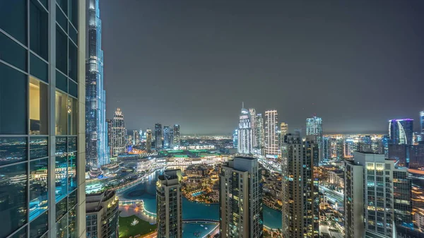 Dubaj Centru Města Fontánami Moderní Futuristické Architektury Letecké Noci Panoramatický — Stock fotografie
