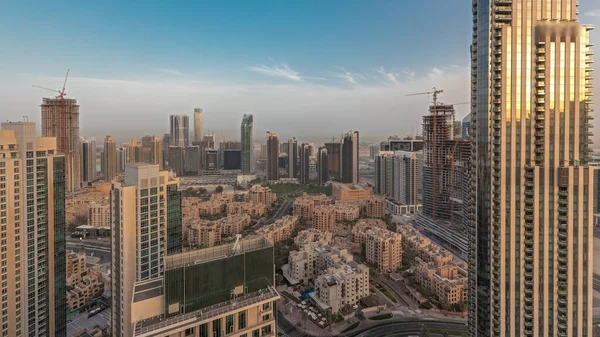 Panorama Showing Aerial Panoramic Skyline Big Futuristic City Sunset Business — Foto Stock